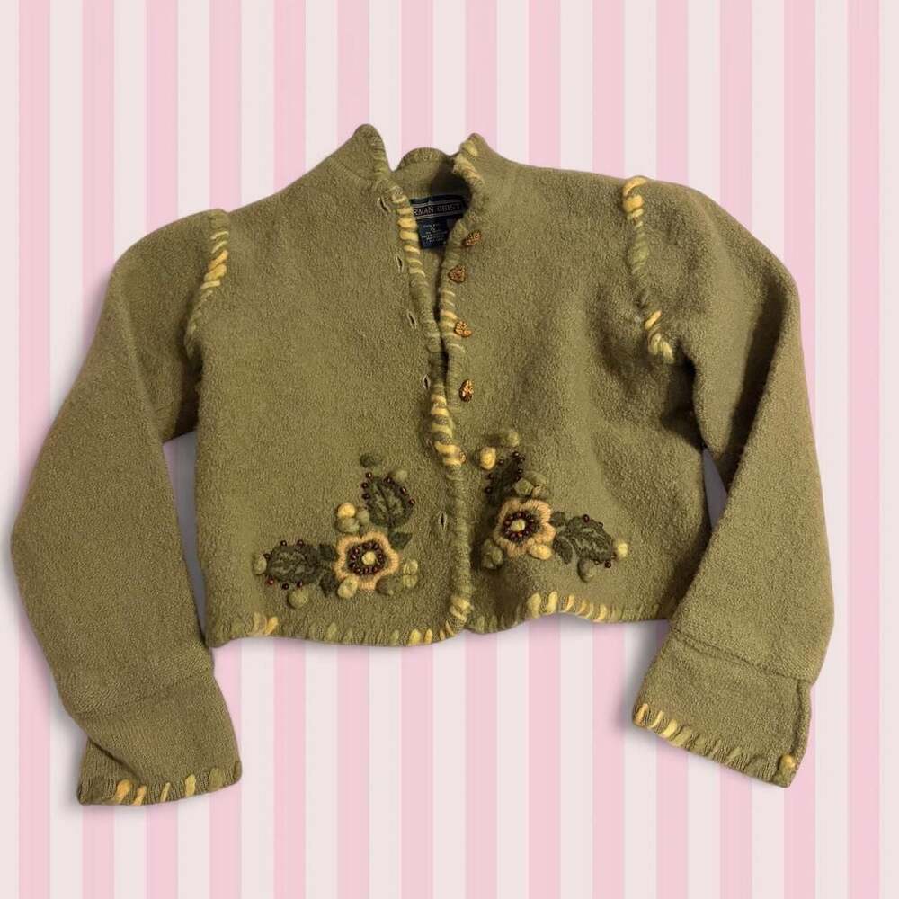 Herman Geist Vintage Green Wool Floral Embroidered Leaf Button Cardigan
